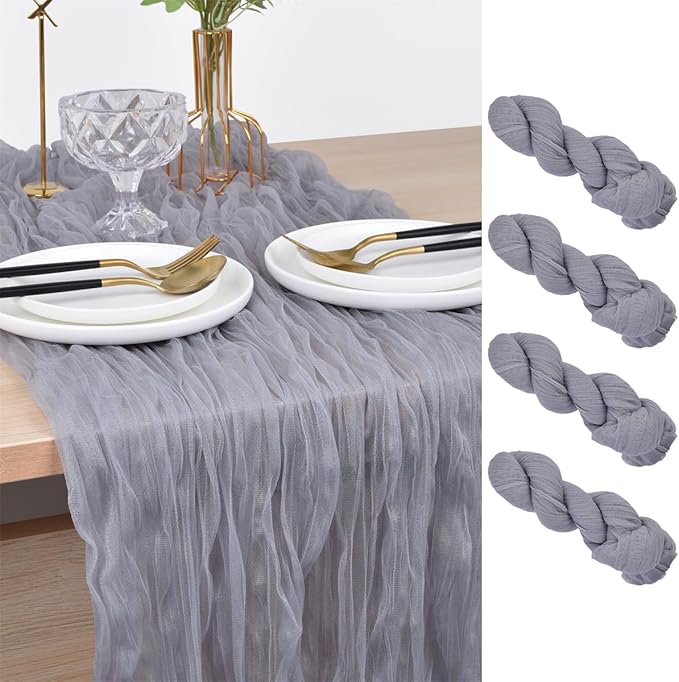 Joanlody Light Gray Cheesecloth Table Runner Spring Easter 10Ft Rustic Gauze Boho Cheese Cloth Table Runner for Wedding Bridal Baby Shower Decoration 4 Pack