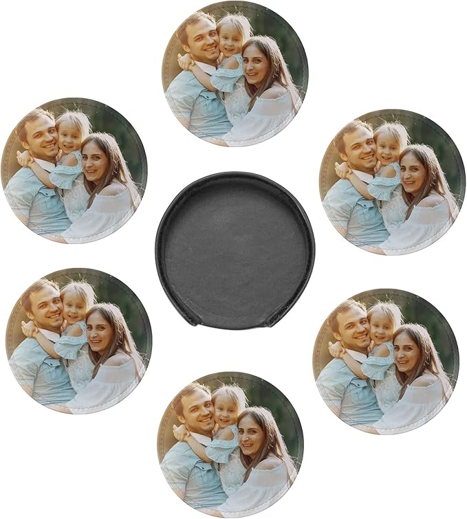 Custom Leather Coasters Set of 6 with Holder, Personalized Coasters with Logo Photo Text,Customized Coaster for Coffee Table Bar Wine Cup Kitchen Desktop Decor (Style 2)