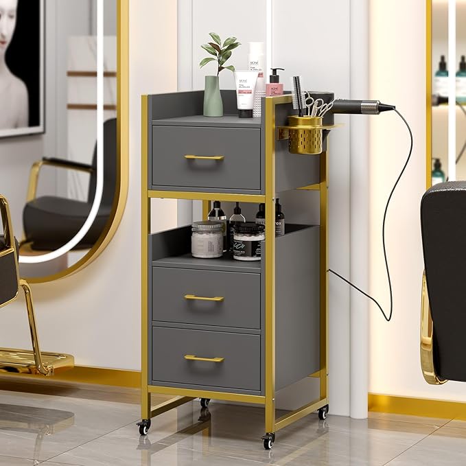 OmySalon Salon Trolley Cart, Hair Styling Station with 3 Drawers, 2 Open Shelf & Tool Holders, Mobile Barber Storage Cabinet Utility Trolley for Beauty Salon Spa, Gery