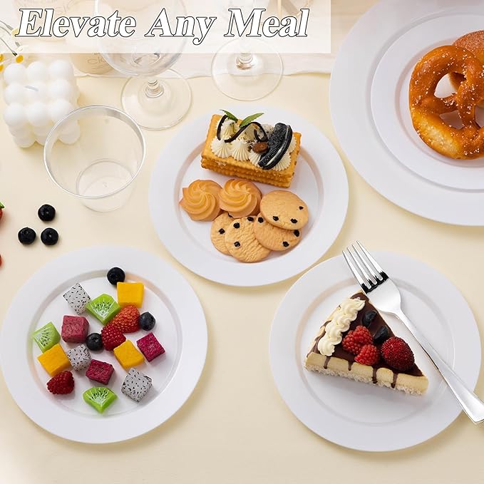 BESTSTAR 200PCS White Plastic Plates Set, 100 10.25 inch Dinner Plate and 100 7.5 inch Dessert Plates, Premium Disposable Plates for Party, Wedding