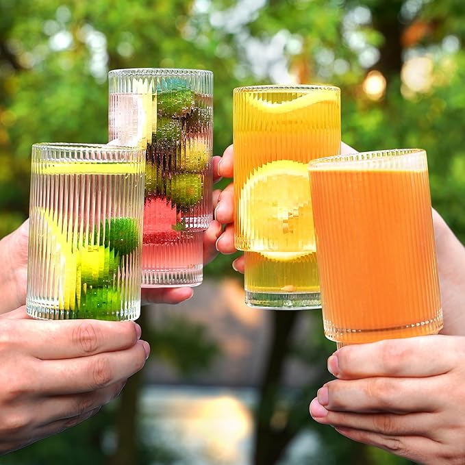 Ribbed Glasses Drinking Glassware - Set of 12 Vintage Cute Cocktail Cups - 6 Pcs Ripple Rluted Aesthetic Drinkware 16 oz & 6 Pcs House Essentials Glass 6 oz for Drink Coffee Beer