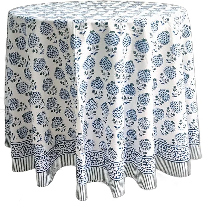 ATOSII Roma Blue 100% Cotton Boho Round Fall Tablecloth, Handblock Floral Print Table Cloth Linen for Kitchen Dining I Parties, Outdoors, Weddings, Christmas, Thanksgiving Home Decor 60" Inches Round