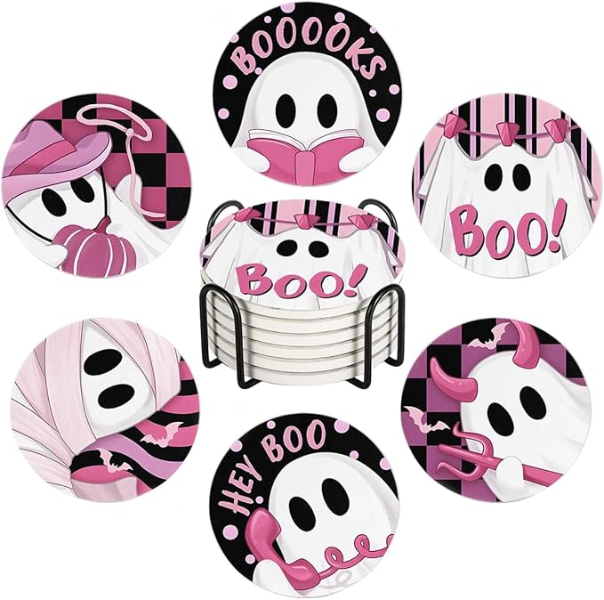 Drink Coasters for Drinks Set of 6, Pink and Black Cute Ghosts Absorbent Round Ceramic Stone Mat Coaster, with Cork Base and Metal Holder, Home Bar Decor House Warming Gift