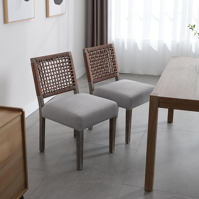 Farmhouse Dining Chairs Set of 4 Linen Fabric Upholstered Accent Side Chair, Mid Century Modern Kitchen & Dining Room Chairs with Woven Rope Back for Home, Living Room, Bedroom - Grey