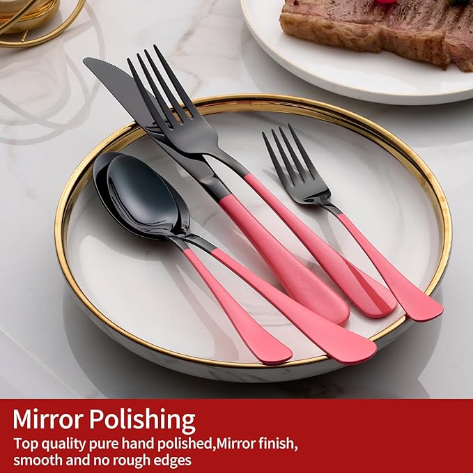 20-Piece Pink Silverware Set 18/0 Stainless Steel Black Silverware Set Yellow Handle Cutlery Black Set Service for 4 Dinner Knives Forks Spoons Set Flatware Set Finish Dishwasher Safe