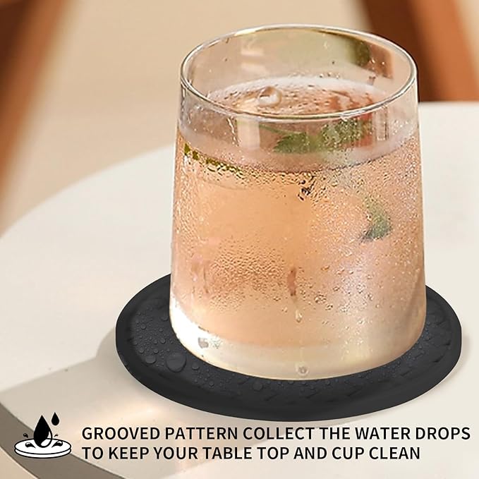 6 Pcs Silicone Coasters for Drinks Black, 4 Inches Heat Resistant Cup Mats, Non-Slip Waterproof Table Protectors for Coffee Mugs, Cups - Home Kitchen Office Decor