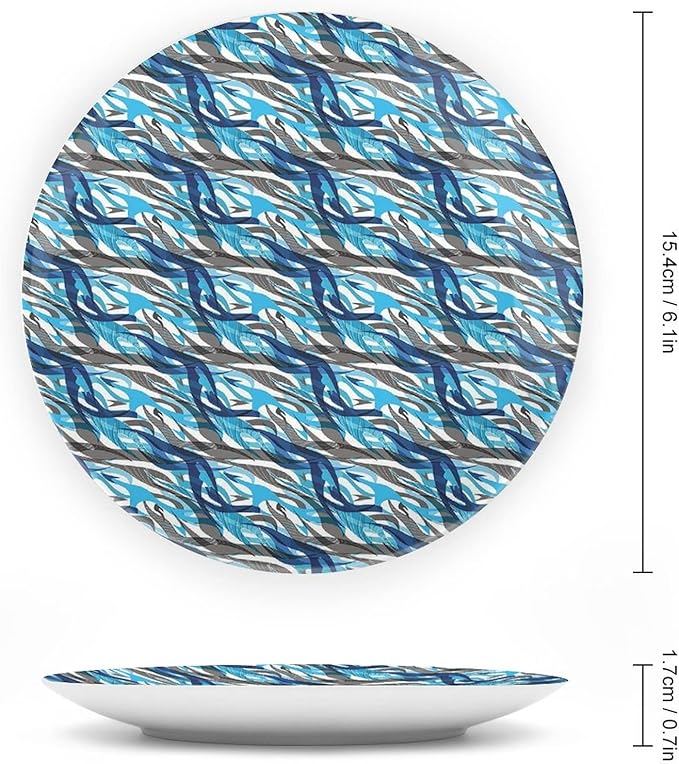 Ceramic Plates, Abstract Decorative Ceramic Plates, Modern Art Stripes Swirls Waves Trippy, 10 Inch, Household Plates Decorative, Grey Blue White
