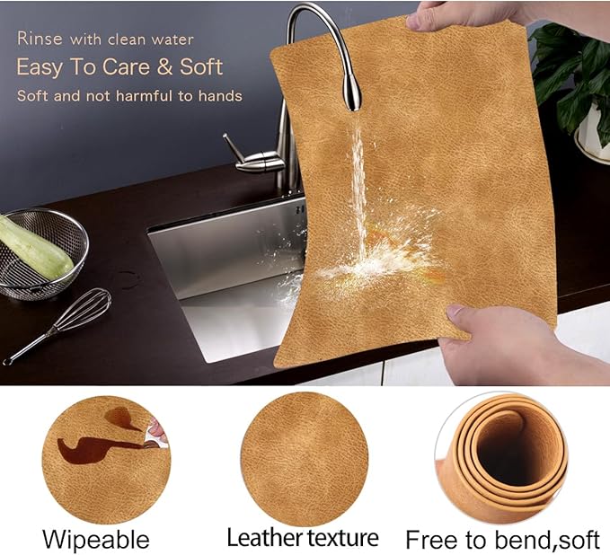 Faux Leather Eco-Friendly Placemats with Rounded Corners Set of 4,Oilproof&Heat-Resistant Place Mats,Waterproof&Stain Resistant Table Mats,Washable Non-Slip for Kitchen-Khaki