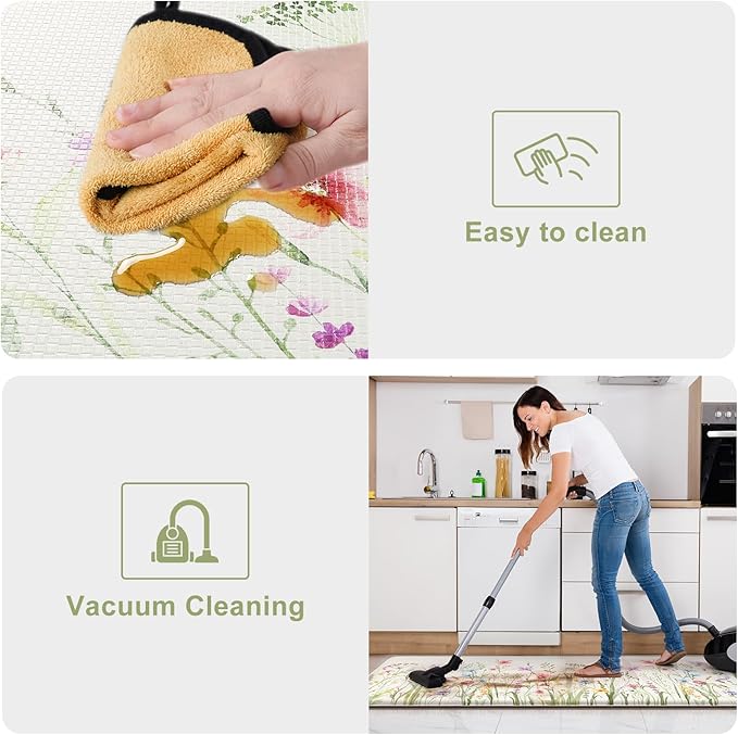KIMODE Anti Fatigue Kitchen Mat for Floor, Farmhouse Floral Kitchen Rugs Sets of 2, Kitchen Floor Mats Non-Slip, Cushioned Standing Mat for Sink, Laundry, Desk, Home White 17"x47"+17"x29"