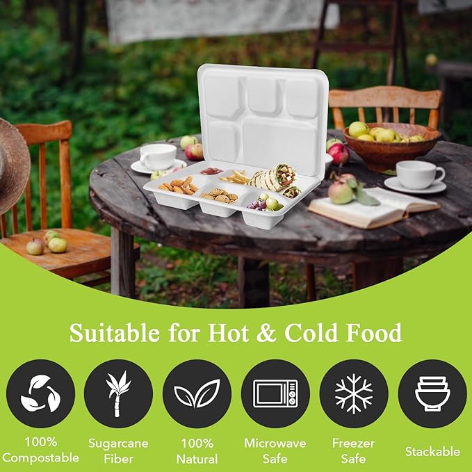 three leaf 5 COMPARTMENT MEAL TRAY WITH LID SET, 200 SETS. Heavy-Duty- Super Strong- Natural- Eco-Friendly Disposable Bagasse Tray with Lid, 100% Biodegradable Plates