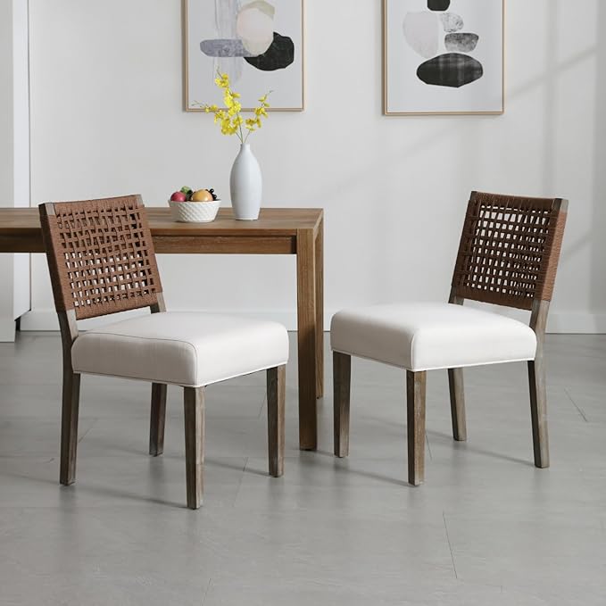 Farmhouse Dining Chairs Set of 4 Linen Fabric Upholstered Accent Side Chair, Mid Century Modern Kitchen & Dining Room Chairs with Woven Rope Back for Home, Living Room, Bedroom - Beige