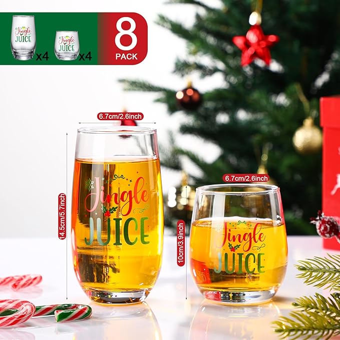 8 Pcs Christmas Wine Glasses Drinkware 4 Glass Cups 16 oz & 4 Short Stemless Wine Glasses 11oz Glass Christmas Party Gift for Women Home Decor Gifts