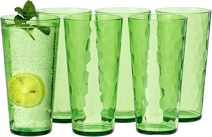 26oz Acrylic Glasses Drinkware (Set of 6), Hammered Design Shatter-Proof Plastic Cups, Reusable Large Drinking Tumblers, Stackable, BPA-Free, Dishwasher-Safe (Green)