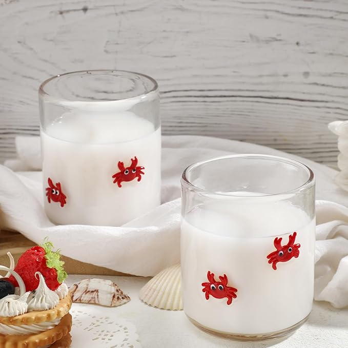 Icon Juice Glasses, 14oz Stemless Wine Drinking Juice Glass Cup for Valentine Party Supplies Gift(2 Pcs,Crab)