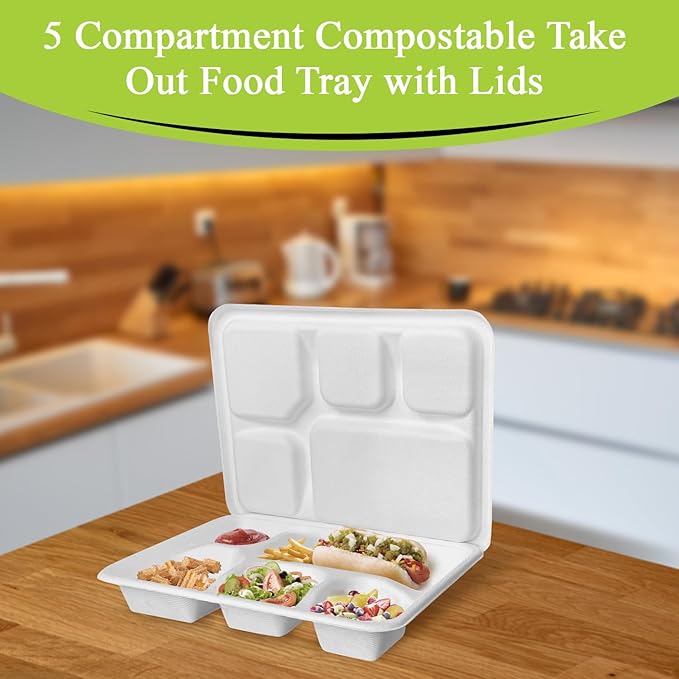 three leaf 5 COMPARTMENT MEAL TRAY WITH LID SET, 50 SETS. Heavy-Duty- Super Strong- Natural- Eco-Friendly Disposable Bagasse Tray with Lid, 100% Biodegradable Plates