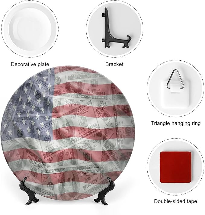 Ceramic Display Plate, American Flag Ceramic Hanging Decorative Plate, Dolar Exchange, 7 Inch, Living Room Kitchen Decoration Household, Multicolor