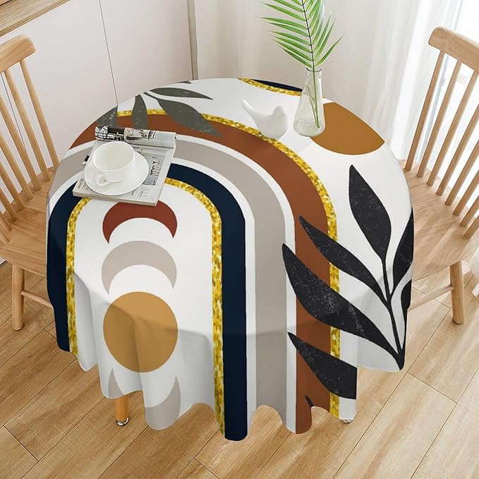 Mid Century Boho Round Tablecloth, Modern Abstract Sun Moon Bohemian Leaves Tablecloth for Home Party Dining Room Kitchen Decor 60Inch(152cm)