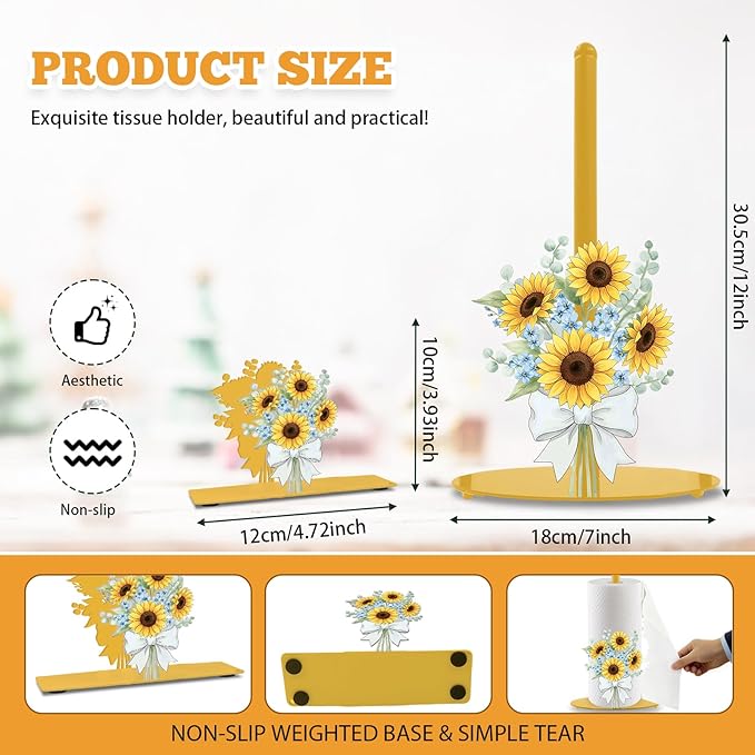 Sunflower Paper Towel Holder, Yellow Countertop Kitchen Decor Indoor with Round Base, Sunflower Lover Gift, Iron Sunflowers Napkin Holder Stand Accessories for Rustic Farmhouse Bathroom Kitchen, 2 PCS