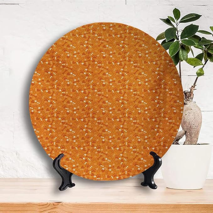 Decorative Plates, Dog Bone Print Ornament, Pattern with Paw Prints Bones and Hearts Veterinary, 7 Inch, 1 Plate with 1 Display Stand, Marigold Burnt Orange and White