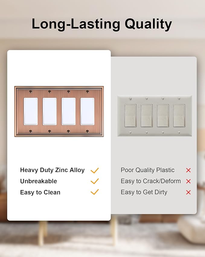 2-Pack Quad Decorator Outlet Cover Plate, Zinc Alloy Antique Copper Switch Plates and Outlet Covers, 4 Gang Wall Plates for Electrical Outlets, Receptacle, GFCI Outlet, Dimmer Switch
