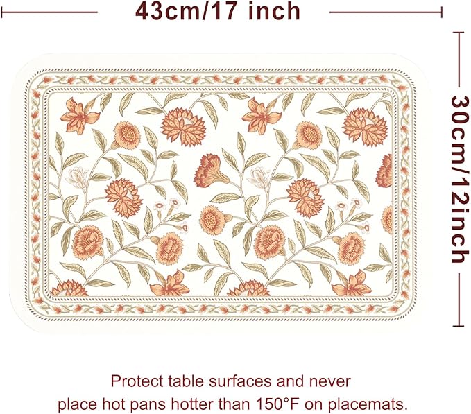 ISAENNE French Vintage PVC Placemats Set of 6,Red Floral PVC Placemat, Waterproof and Heat-Resistant, Decoration for Kitchen, Party,Dinning,New Year,12"*17"