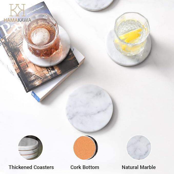 Real Natural Marble Coasters Set of 4, Carrara White Coaster 4 inch, Modern Round Stone, Trendy Drink Coasters for Coffee Table, Kitchen Decor, Office