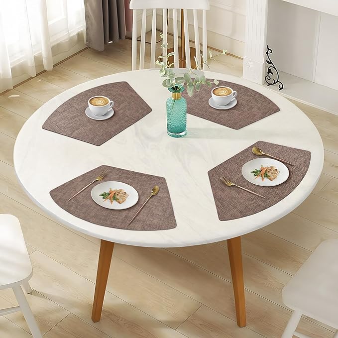 Round Table Placemats Set of 6, Faux Leather Wedge Shape Place Mats Heat Resistant Wipeable Washable Table Mats for Dining Outdoor Indoor, Brown