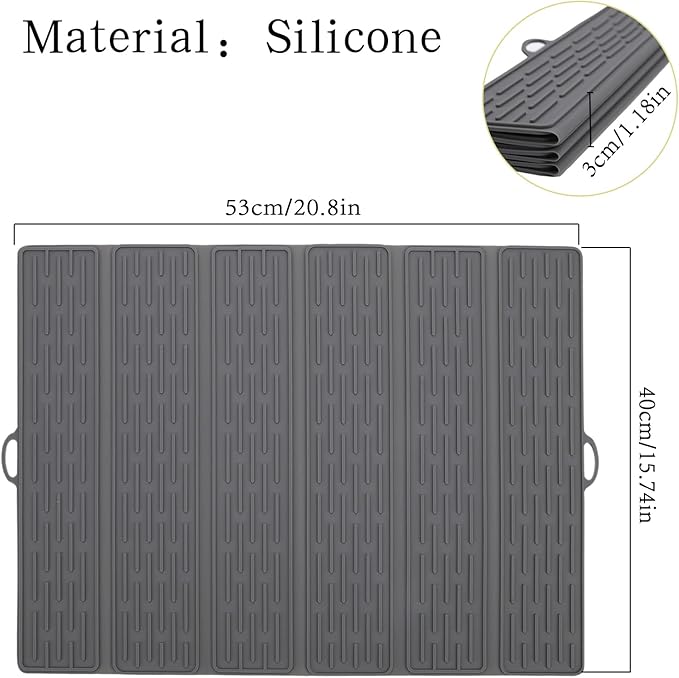 Klyrnd Silicone Dish Drying Mat - Extral Large 20.8" x 15.7" - Heat Resistant Silicone Trivet, Countertop Mat, Dish Draining Mat, Sink Mat, Easy to Clean Foldable Non Slip Dry Pad (Gray)