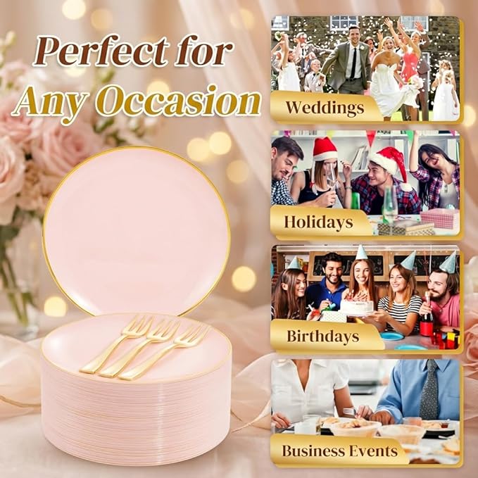 Festiva 400Pcs Pink Gold Dessert Plates 6.3" with Forks 5"- 200PCS Small Disposable Dessert/Cake/Appetizer Plates and 200PCS Forks - Serve 200 Guests for Birthday Party& Wedding &Valentine's Day