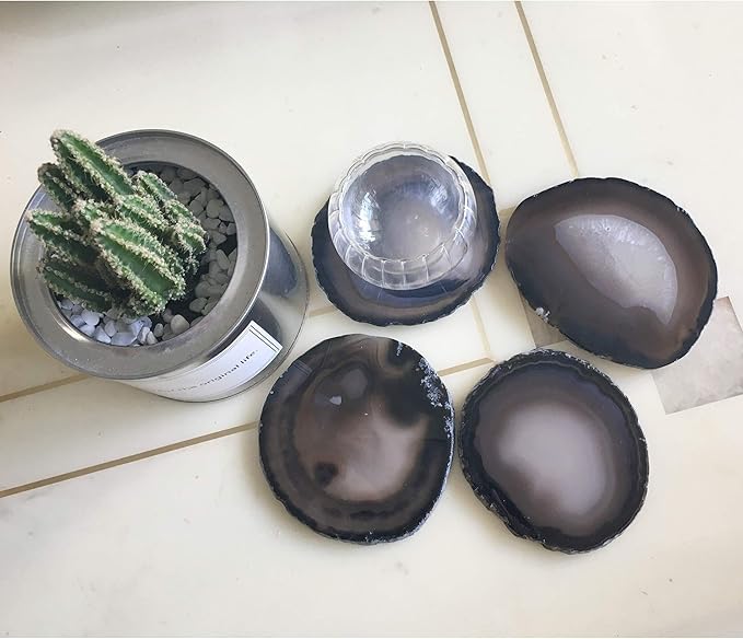 AMOYSTONE Black Agate Coasters Set of 4, 2.7-3 Inch Mini Stone Coasters, Non-Absorbent Coasters, Executive Gift for Men, Office Desk Accessories