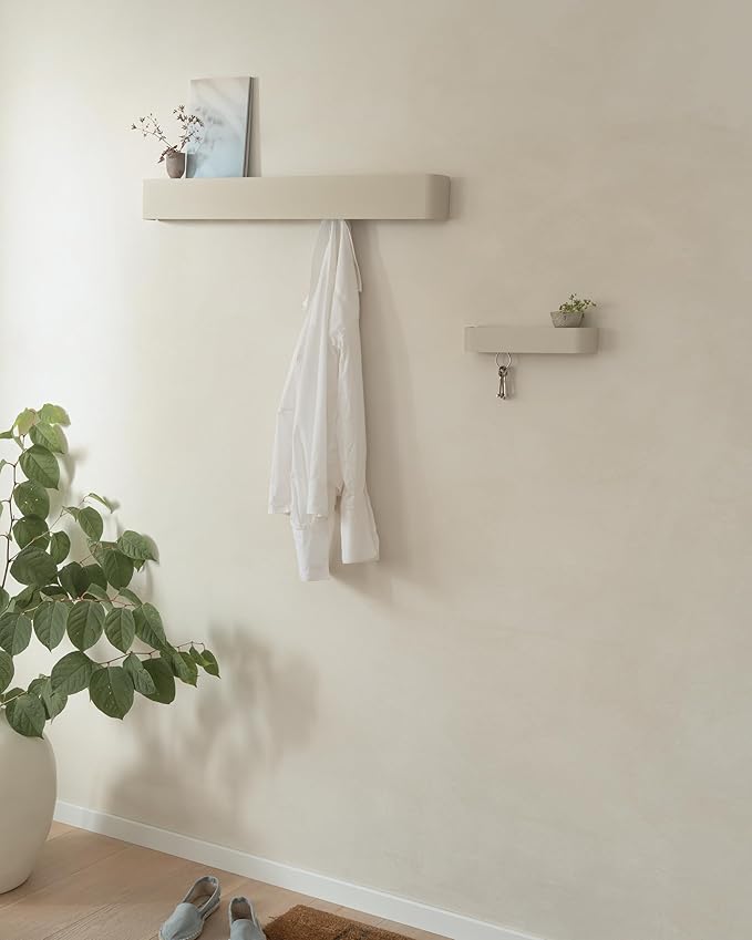 Kazai.® Coat Rack Wall Mount with Shelf 'Tone' | Modern Design Coat Hanger with Hidden Hooks and Storage | Hat Rack with Shelf in Metal | Wall-Mounted Purse Organizer | Taupe