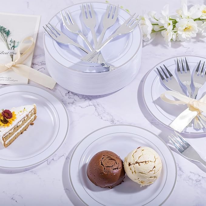 WELLIFE 240PCS Silver Plastic Dessert Plates - Includes 120PCS Silver Forks, 120PCS 6.3 Inch Salad & Appetizer Plates - Perfect for Wedding & Party