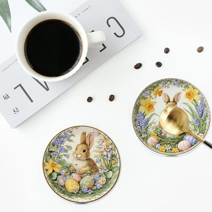Easter Bunny Coasters for Drinks with Holder Round Leather Coasters Set of 6 Cups Mugs Mat Pad for Home Kitchen Bar