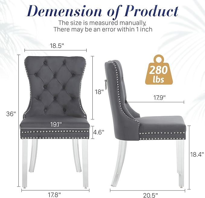 KCC Velvet Dining Chairs Set of 2, Upholstered Tufted Wingback Dining Room Chair with Nailhead Back Ring Pull Trim Solid Acrylic Legs, Contemporary Nikki Collection Style for Kitchen, Grey