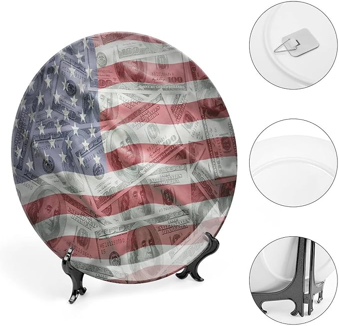 Decorative Plates, American Flag Print Ornament, Dolar Exchange, 8 Inch, Kitchen Wall Decor, Multicolor