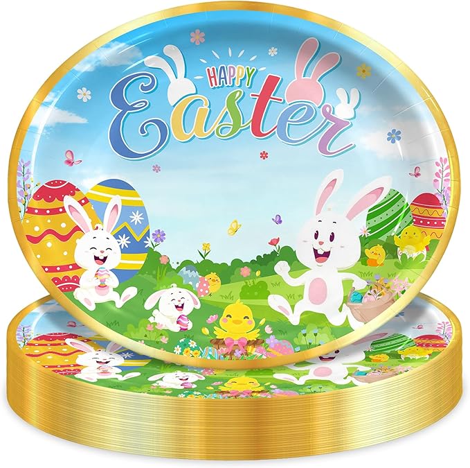 Happy Easter Oval Paper Plates 10" x 12" Serve 50, Floral Easter Party Supplies with Cute Bunny Chick Colorful Eggs Disposable Bunny Paper Dinnerware Set for Spring Holiday Birthday Party Baby Shower