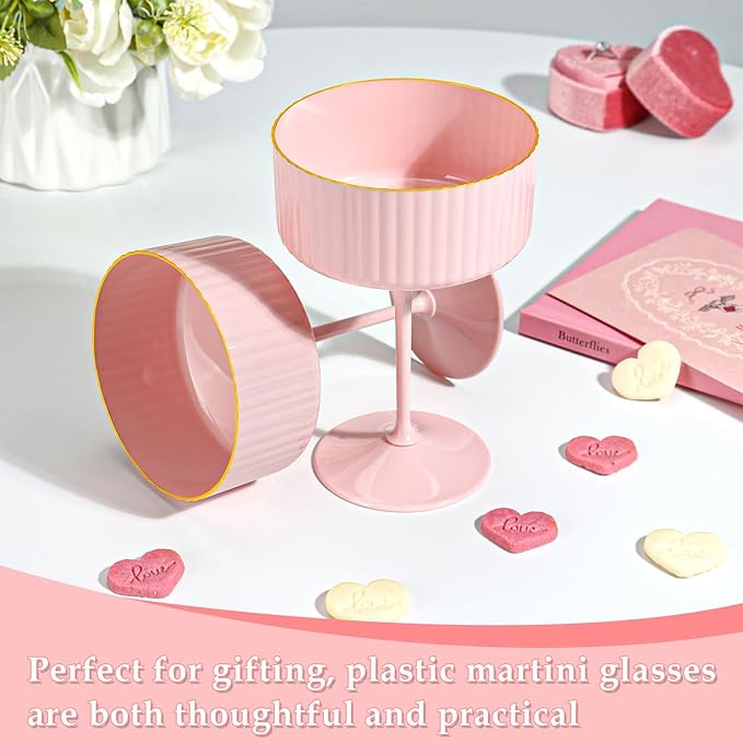XUWAIDSGN 12 Pcs Champagne Martini Glasses 9 Oz with Gilded Removable Gold Rim Coupe Glasses Pink Martini Glasses Plastic Mimosa Vintage Coupe Glasses Set For Wedding Anniversary (12, Solid Pink)