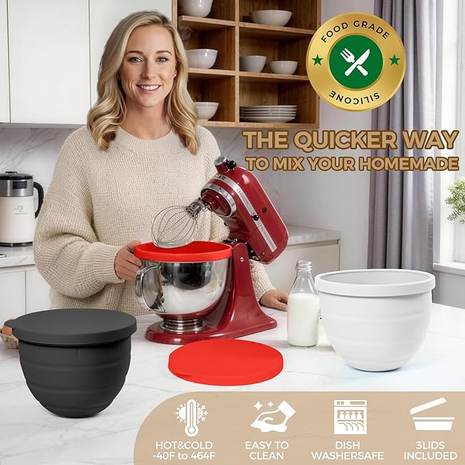 Silicone Kitchen Aid Bowl Liners - 3-Pack Foldable Mixing Bowl Inserts with Lids for Kitchenaid Tilt-Head 5 qt Mixers Non‑Stick Stand Mixer Accessories Red Black white
