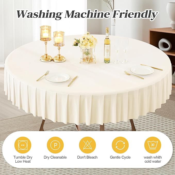 Ivory Spandex Round Tablecloths - 60 inch Fitted Table Cover with Skirt for Wedding Party Dining Banquet