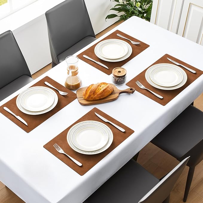 MOSAYT Vinyl Placemats Set of 12-12 X 17 Inch - Faux Leather 100% Waterproof Oil-Proof Wipeable PU Place Mats, Heat Resistant Reversible Table Mats for Kitchen, Dining, Outdoor (Reddish Brown)