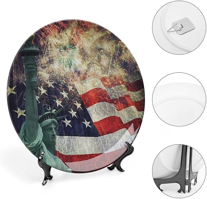 Ceramic Display Plate, American Flag Ceramic Hanging Decorative Plate, Fireworks 4th of July, 10 Inch, Living Room Kitchen Decoration Household, Multicolor