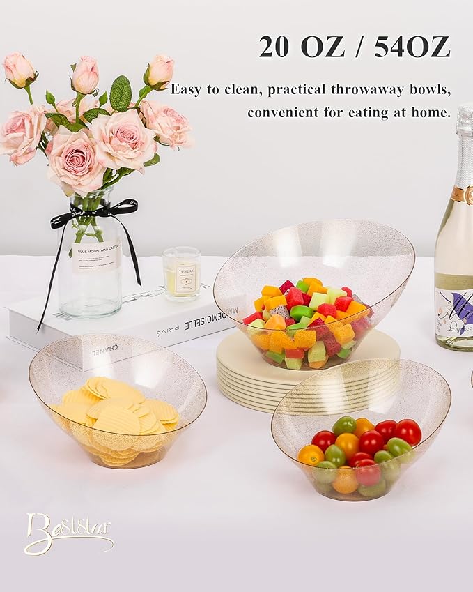 BESTSTAR 54OZ Clear and Gold Gliter Plastic Serving Bowls 8 Pack Angled Disposable Party Bowls for Chips, Salad, Fruit & Candy – Heavy Duty Clear Serving Bowls for Parties, Buffet, Christmas