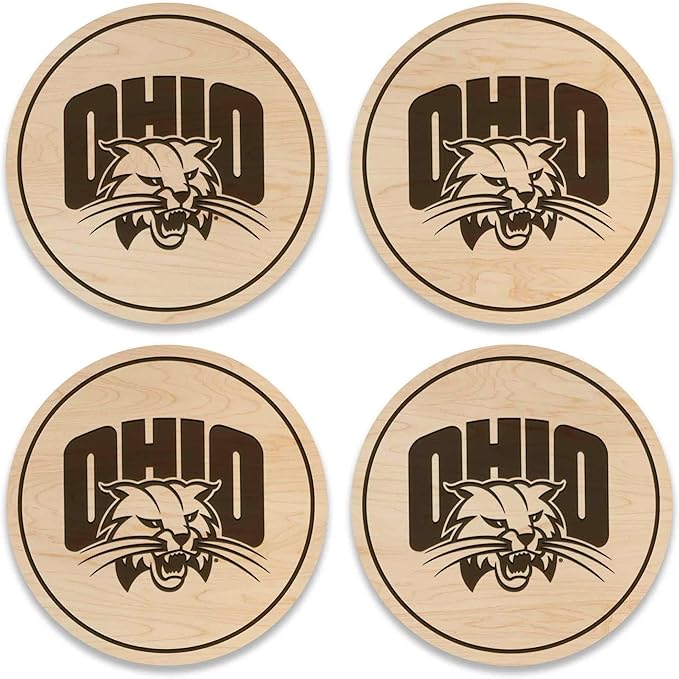 LazerEdge Ohio Bobcats Wooden Coaster Set - Maple Wood - Officially Licensed Product - 4-Pack