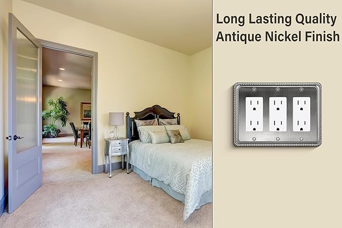 Henne Bery Rope Edge Decorative Wall Plate Switch Plate Outlet Cover (Triple Decorator, Heirloom Silver)