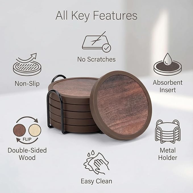 Absorbent Coasters for Drinks with Holder - 6packs, Silicone Coaster with Soft Felt Insert (4.3 inch Coasters with 4.5 inch Holder, Wooden Style)