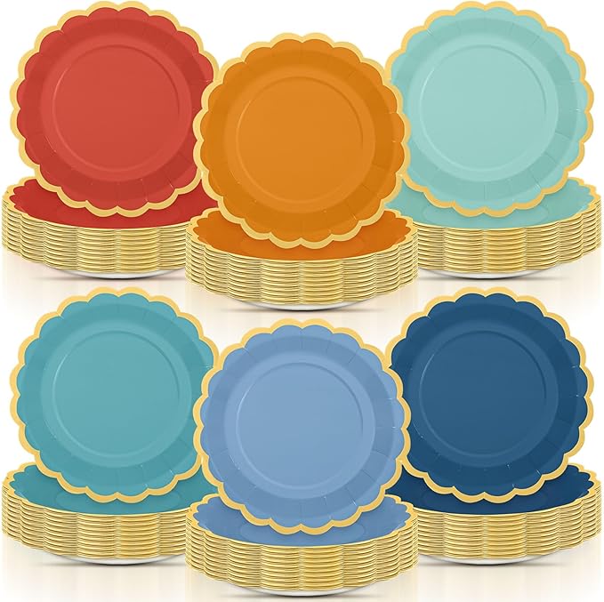 96 Pcs Blue and Orange Fall Paper Plates 9 Inch Gradient Scalloped Paper Plates Disposable Dinner Dessert for Birthday Wedding Bridal Party Supplies, 6 Colors