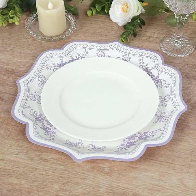 50 Pack 8" White Lavender Lilac French Toile Dessert Plates, Disposable Round Paper Floral Pattern Appetizer Salad Plates 300 GSM for Party Decoration