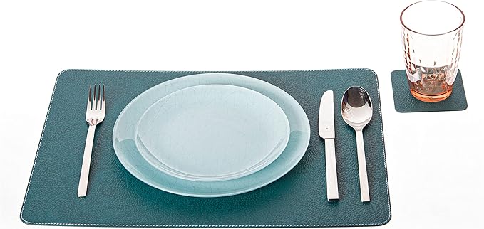 Nikalaz Set of 4 Placemats and 4 Coasters Made of Recycled Leather (18''x13'', Petroleum Green)