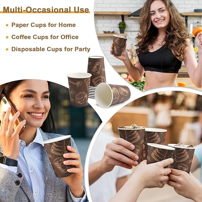 180 Pack 10 oz Disposable Paper Coffee Cups, Hot/Cold Beverage Drinking Cups, Brown Hot Coffee Cups for Party, Picnic, Travel, and Events