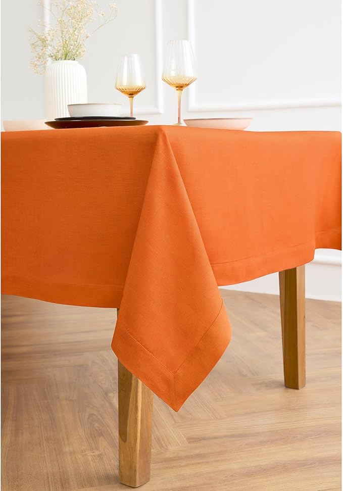 Solino Home Linen Tablecloth 60 x 120 Inch - 100% Pure Linen Persimmon Orange Table Cloth for Rectangle Tables - Fete, Machine Washable Tablecloth for Spring, Easter